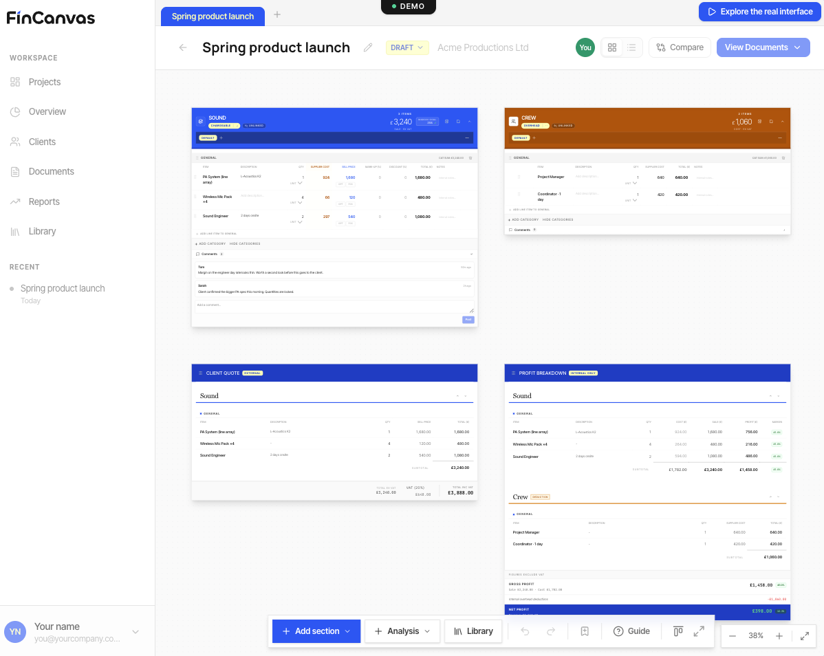 FinCanvas costing canvas: cost sections, a client quote summary, and a live profit breakdown all visible at once.